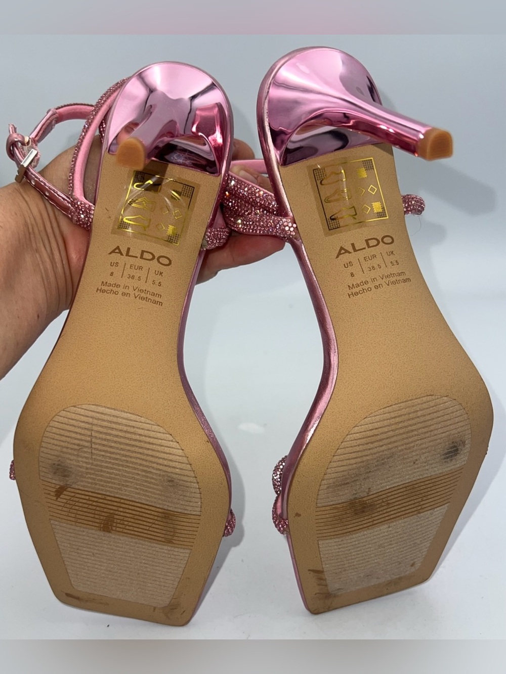ALDO Barrona Pink Sandals Rhinestones Vegan Leather Heels Women’s Size 8 NWB - Picture 11 of 14